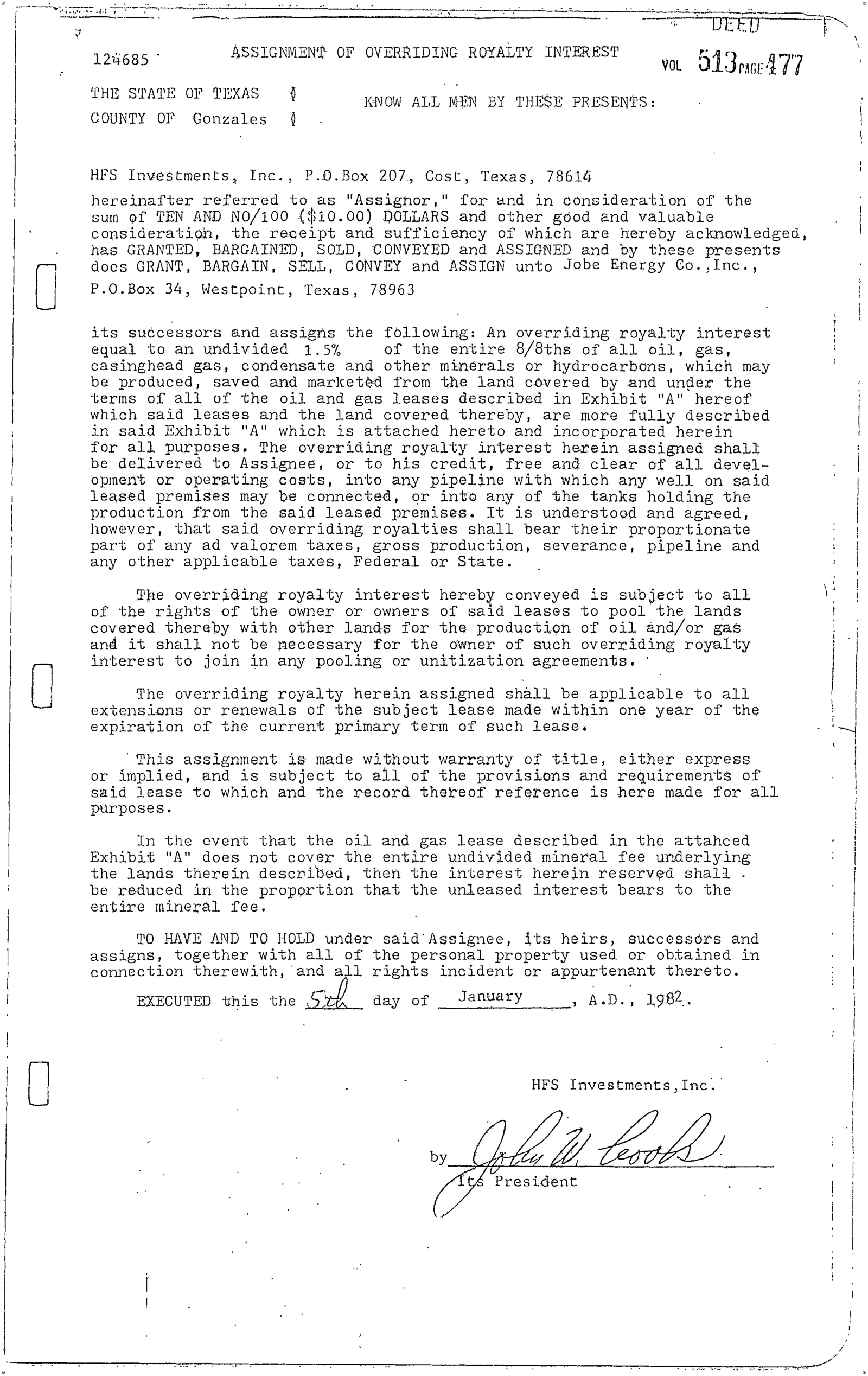 H F S Investments Inc. - Recorded Assignment Overriding Royalty (Vol. 513, Page 477)