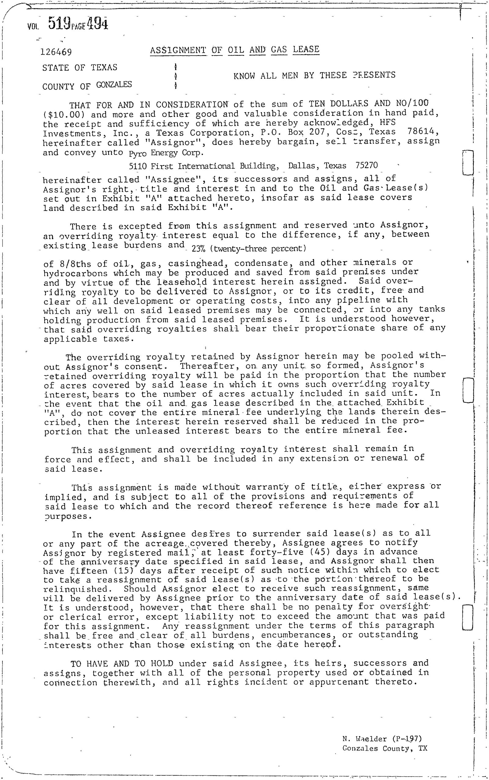 H F S Investments Inc. - Recorded Amendment Oil Lease (Vol. 519, Page 494)